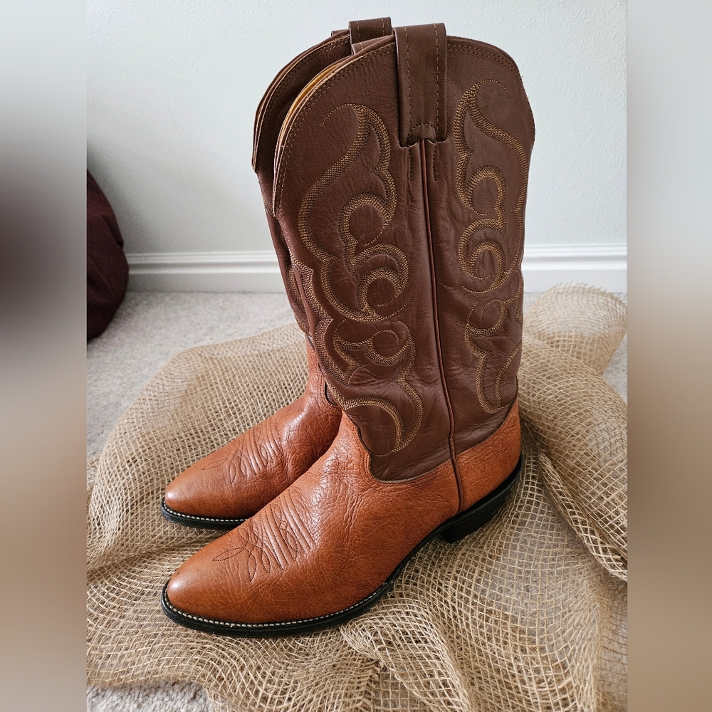 Nocona Brown Leather Western Cowboy Boots with Decorative Stitching